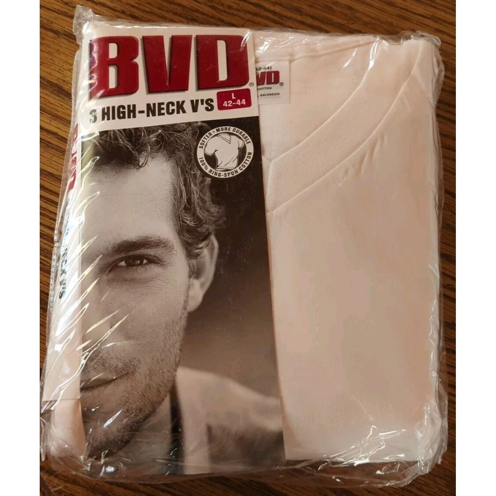Brand New Vintage BVD High Neck V‎ White T Shirt Size Large (42-44) 3-pack 1999